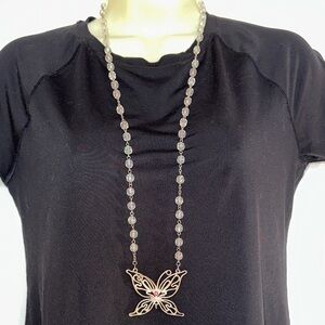 Long Silver Tone Butterfly Pendant Necklace‎